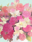 A bunny in a beret and smock shows off its painting. It's a huge bouquet done in soft pastel colors.