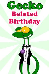 A smiling, cartoon gecko wearing a tuxedo, with a pink flower in its lapel.