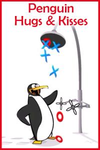 A penguin is showered with hearts.