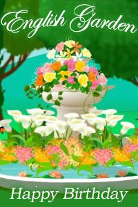In this traditional birthday card, a beautiful fountain sits in the middle of a glade. It is full of lily pads, roses, and other colorful flowers.The ecard title English Garden Birthday is written around it.