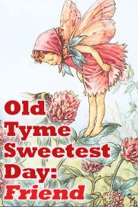 An old fashioned illustration of a child-like fairy perched on a leaf, looking down at a bee, who is feeding on nectar from a flower.