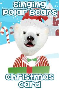 A cute Christmas card featuring a polar bear in a Santa hat, and red and white striped suit jacket.