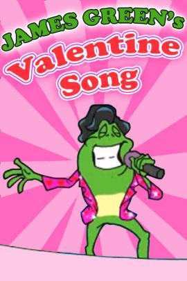 A frog dressed in the style of James Brown, singing into a microphone. He is wearing a Valentine-themed jacket, which is pink with red hearts all over it.