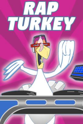 A turkey in a DJ booth. He is pressing buttons, and there are flashing lights all around him.