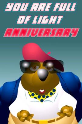 A bear dressed as a movie director in a beret, and large sunglasses, stands on the set of a movie.