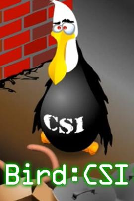 A seagull stands and looks down at what appears to be a dead worm. He is wearing a shirt that says CSI on the front.