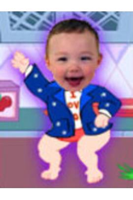 A baby in a polka-dotted jacket dances and laughs.