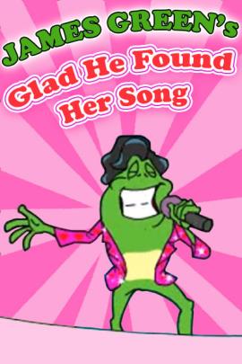 A frog dressed in the style of James Brown, singing into a microphone. He is wearing a Valentine-themed jacket, which is pink with red hearts all over it.