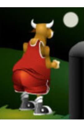 A cow dressed in a basketball uniform, looks up at the moon.