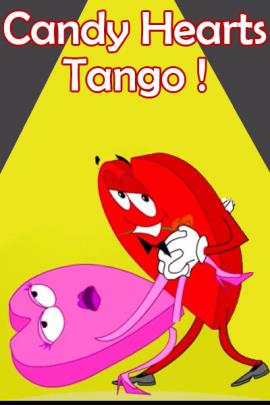 Two Valentine candy hearts dancing. One heart is dipping the other back romantically.