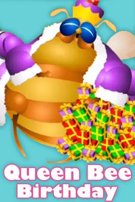 A lare bee queen, in fur-lined robes and crown, accepts gifts from the members of her hive.