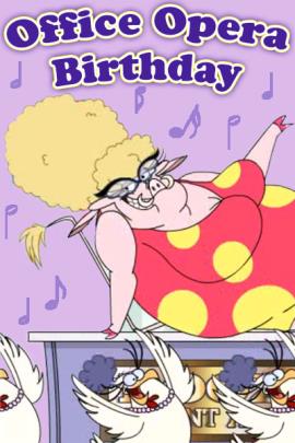 An opera-singing pig in a polka-dotted dress, cat-eye glasses, and bouffant hair sings an opera song among an office full of workers made up of barnyard animals.