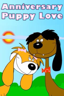 Two puppies snuggle against each other, and hearts dance around their heads.