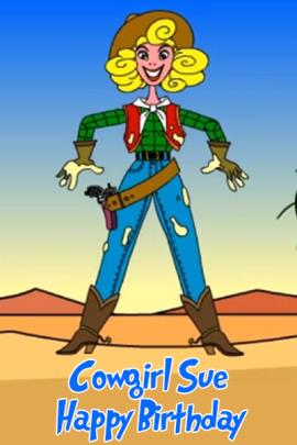 A cartoon woman, with a cowboy hat, a flannel shirt, gloves, and a bandana around her neck. 