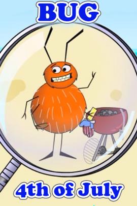 A magnifying glass reveals a spider who is waving at the viewer, and cooking food on a charcoal grill.