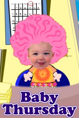 A baby with pink hair sits at a desk in an office.