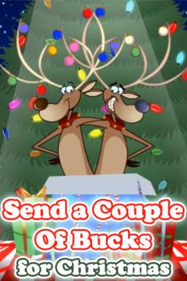 Two reindeer smile at one another. Their arms are around each other, and their antlers are decorated with strings of colorful Christmas lights.