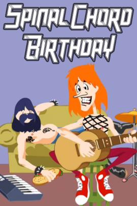 Two cartoon men who are parodying members Spinal Tap. One has orange, and a big smile on his face. The other is reclining in the background, and has dark hair that covers his eyes, and a huge mustache.