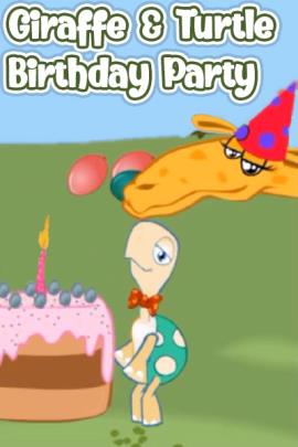 A giraffe wearing a party hat, stoops to appreciate his birthday cake, which is being held by singing turtles.