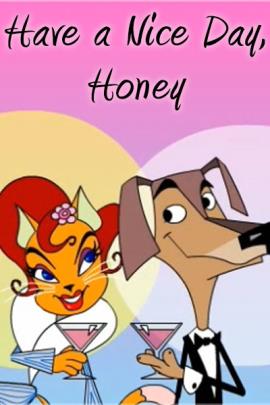 A cat in a chic dress, and a dog in a tuxedo clink their martini glasses together in a toast.