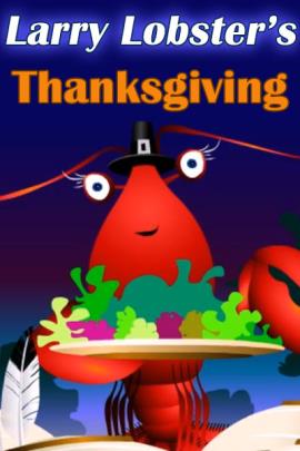 A lobster in a pilgrim hat offers to share a platter of colorful seaweed with the viewer.