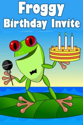 A frog standing on a lily pad, holds a birthday cake, and sings into a microphone.