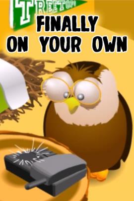 An owl looks at a cordless phone with a stressed look on its face.