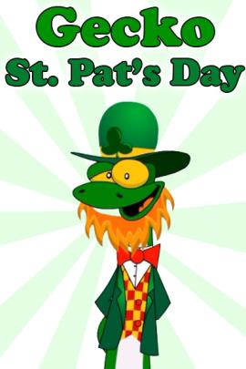 A gecko dressed as a leprechaun in a green suit, checkered vest. derby hat, and a red beard. He's smiling happily at the viewer.