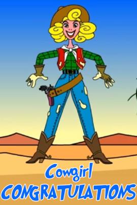 A smiling cowgirl with curly blonde hair.