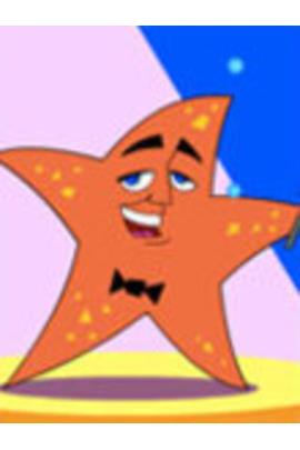 A singing and dancing starfish on stage with a microphone in his hand.