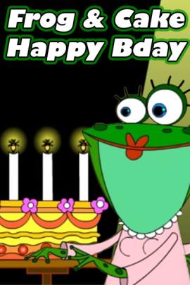 A frog sits at a table set with a birthday cake, and piled with presents.