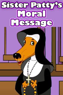 A dog in a nun outfit standing in a church.
