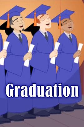 A series of people in caps and gowns, holding diplomas, and singing in unison.