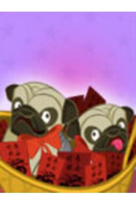 A pair of pug puppies sit in a basket surrounded by Chinese New Year flags.