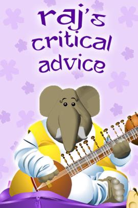 An elephant in yellow and white robes sits on a pillow. He is playing the sitar.