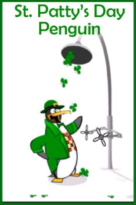 A cheerful penguin wearing a green suit jacket, derby, and bow tie, and is shuffling towards a shower head.