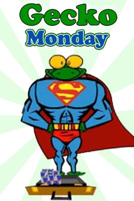 A gecko dressed as superman, in a blue and red superhero suit, with a large 'S' across it's muscular chest.