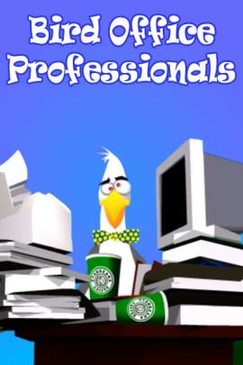 A disheveled seagull sitting at a desk stacked high with papers and before him,  a cup of Starbucks coffee. Above him the title of the ecard, "Bird Office Professionals"