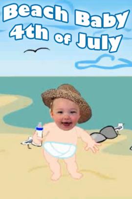 A baby sits on the beach. It is holding a bottle in its hand, and wearing a straw sun hat.