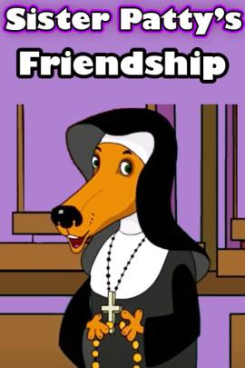 A nun who is a dog, holds a rosary in a church.