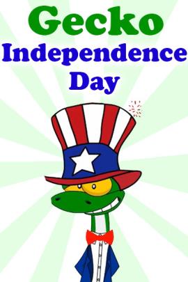 A smiling gecko is dressed in a red, white, and blue top hat and suit jacket.