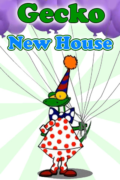 A gecko wearing a polka dotted shirt and tie, and a striped party hat.