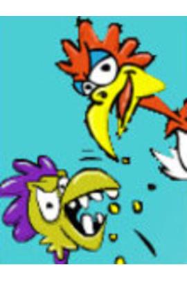 Two chickens look at the viewer. The one on top looks calm and collected. The one on the bottom looks angry, and is chomping on corn kernels.