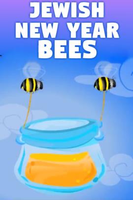A pair of bees flying through the sky, carrying a pot of honey in between them.