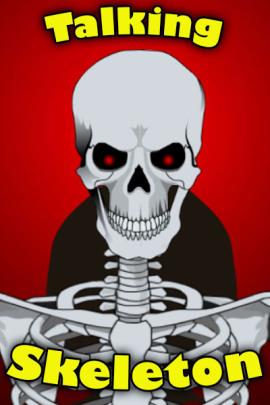 A spooky  skeleton with glowing red pinpoints in its eyes. It seems to glare at the viewer.