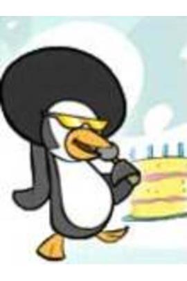 A funky penguin, with an afro, gold sunglasses, and a microphone, singing a birthday song.