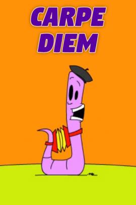 A worm in a beret holding an accordian. One side of the accordian is strapped around his neck, and the other is tied to his tail, and he us using his tail to work the bellows.