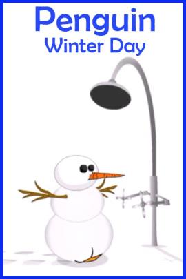 A snowman, with webbed feet, showing that there is a penguin hiding inside of the showman.