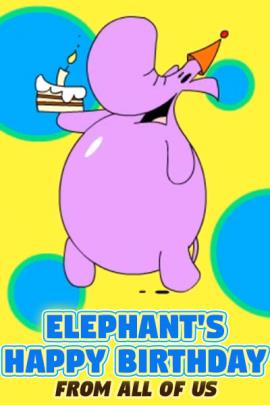 An elephant in a party hat is holding a cake.