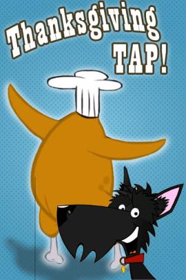 A scottie dog poses with a roasted turkey. The dog is looking over its shoulder, and smiling at the viewer.